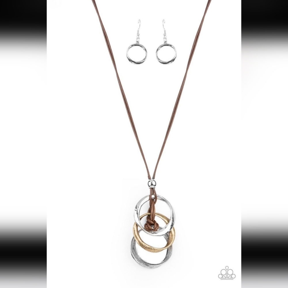 Paparazzi Silver and Gold Necklace with Brown Cord Harmonious Hardware Jewelry